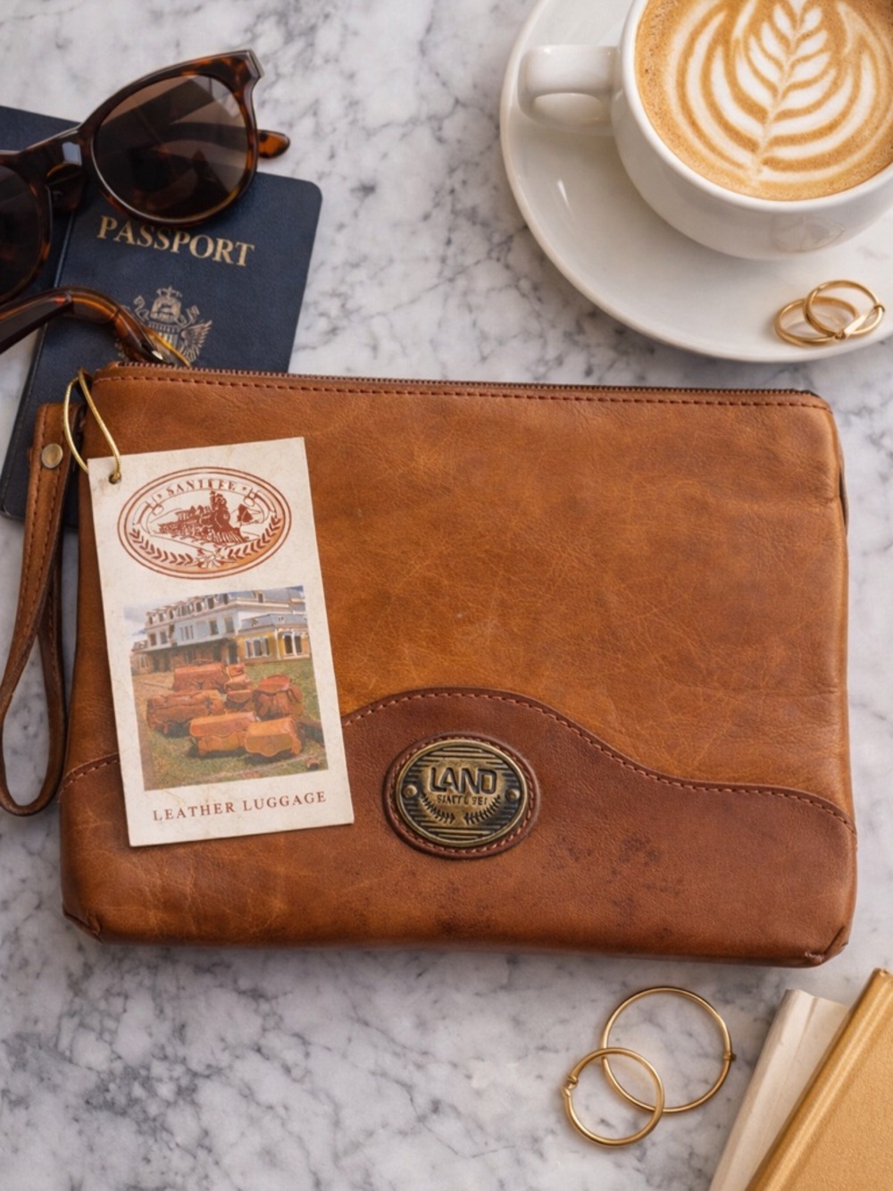 LAND Santa Fe Leather Wristlet Clutch Travel Organizer‎ Brown Minimalist Luxury